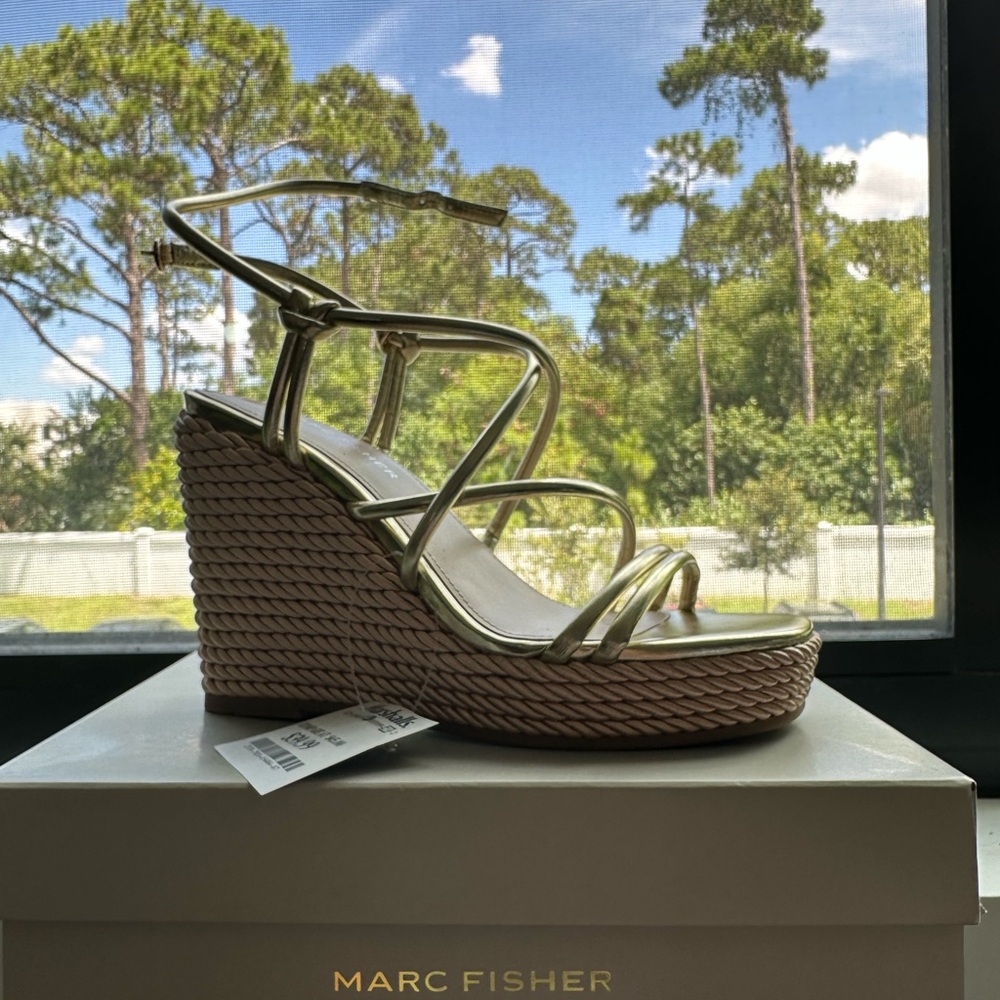 Marc Fisher Gold Strappy Wedge Sandals